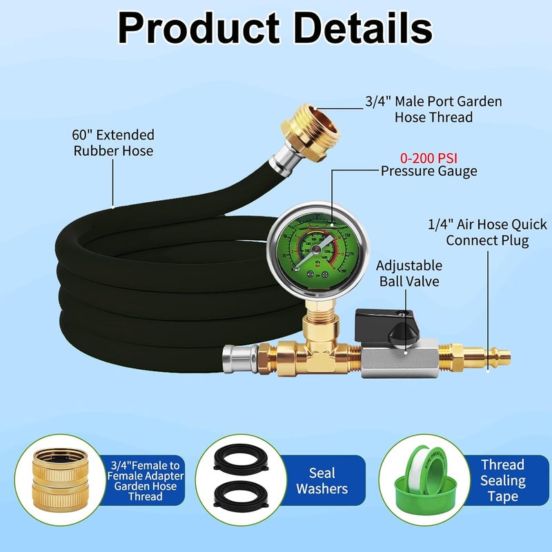 HFVSLFA RV Winterizing Kit with Pressure Gauge, 60inch RV Winterize Hose with 3/4" GHT Blow Out Fitting Adaptor & 1/4" Quick Connect Plug, Sprinkler Winterization for RV, Camper, Boat, Travel Trailer, Black - Image 4